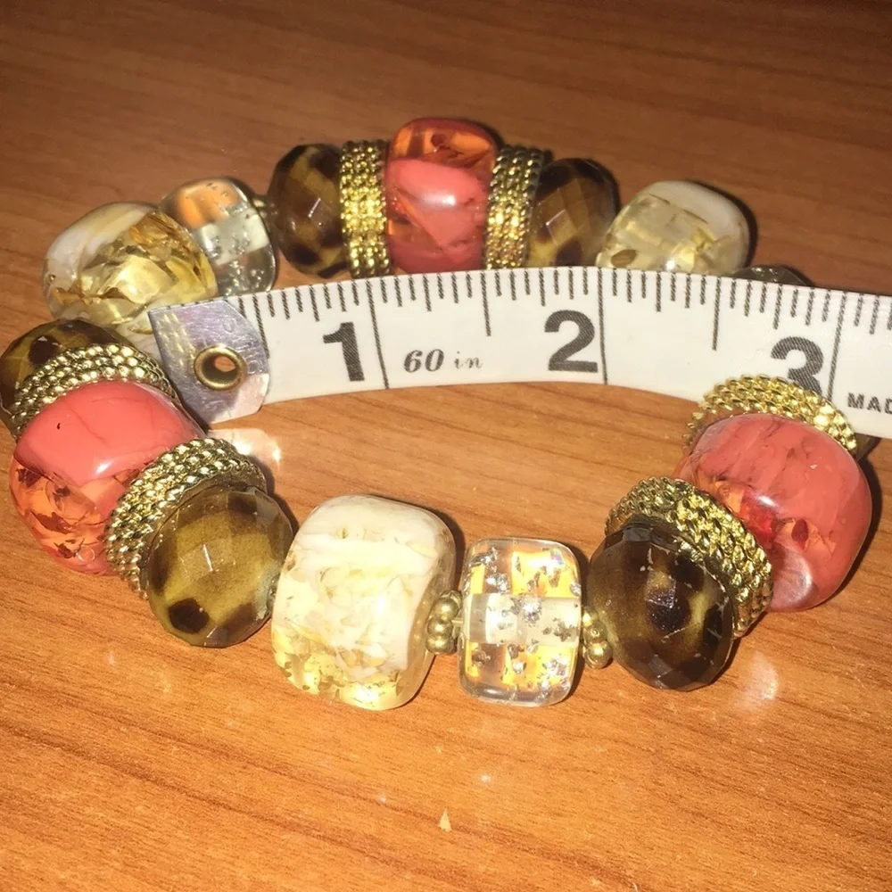 Vintage Chunky Elastic Bracelet Orange, Brown, Clear and Gold